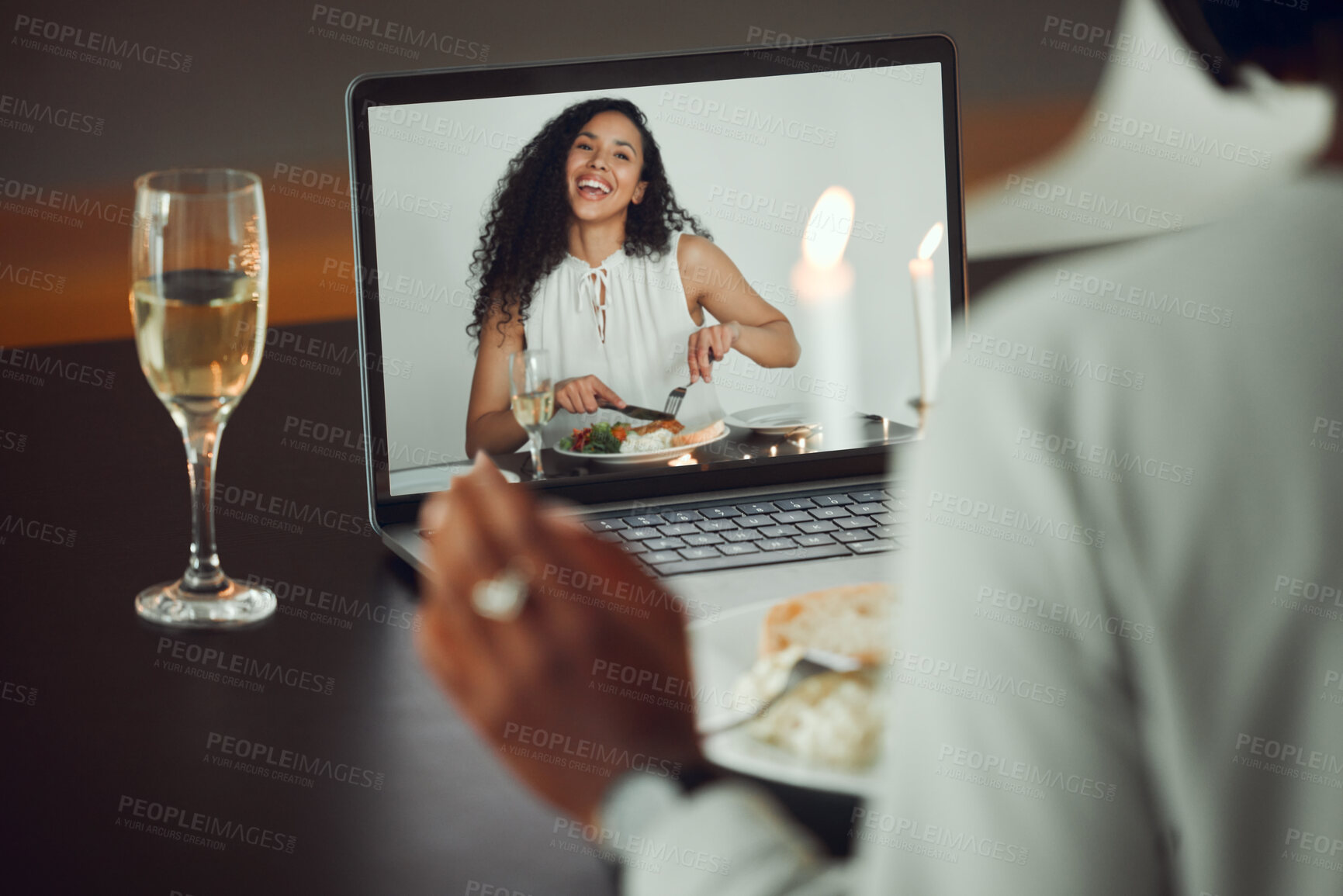 Buy stock photo Home, people and video call with laptop screen for date, conversation and digital reunion with connection. Wine, woman or friends with technology for long distance gathering, food and dinner together