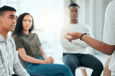 Buy stock photo Discussion, hands and group of people in counseling for mental health support, share story or recovery. Therapy, listen or rehabilitation for trauma, addiction or meeting for wellness, advice or help