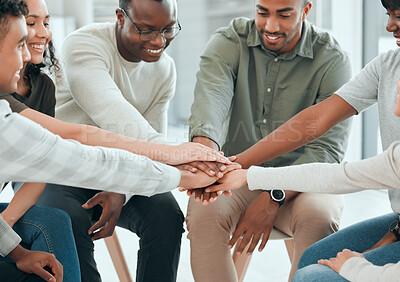 Buy stock photo Hands stack, office and support with smile, care and together with solidarity, advice and empathy at job. People, friends and helping hand for teamwork, diversity or community with trust in friends
