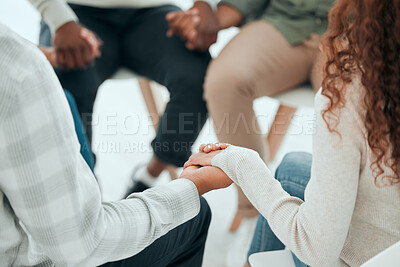 Buy stock photo Circle, holding hands and support with prayer, people and solidarity with faith, trust and religion with empathy. Men, woman and helping hand for praying, team building and diversity with mindfulness