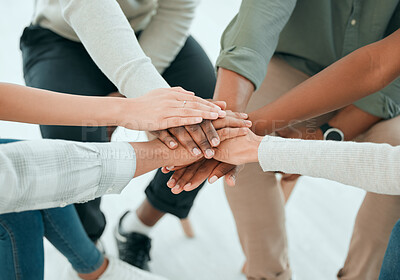 Buy stock photo Hands stack, group and team with support, care and together with solidarity, advice and empathy at job. People, friends and helping hand for teamwork, commitment and community with trust in top view