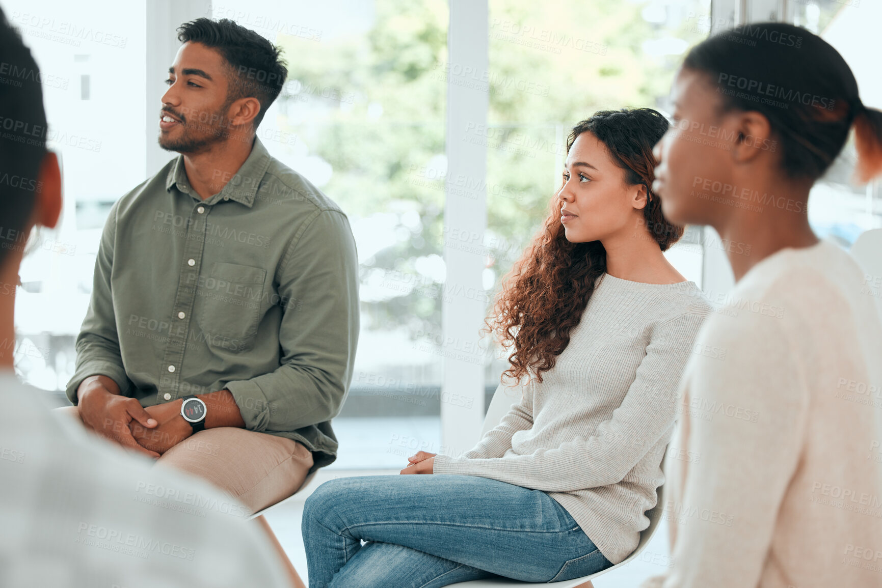 Buy stock photo Office, listening and support group with counseling, empathy and workshop for company care. Meeting, audience and discussion about mental health help and work life balance with staff community