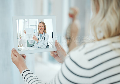 Buy stock photo Healthcare, tablet and doctor with woman on video call for consulting, medical service and online diagnosis. Hospital, telehealth and patient on digital tech screen for results, insurance or wellness