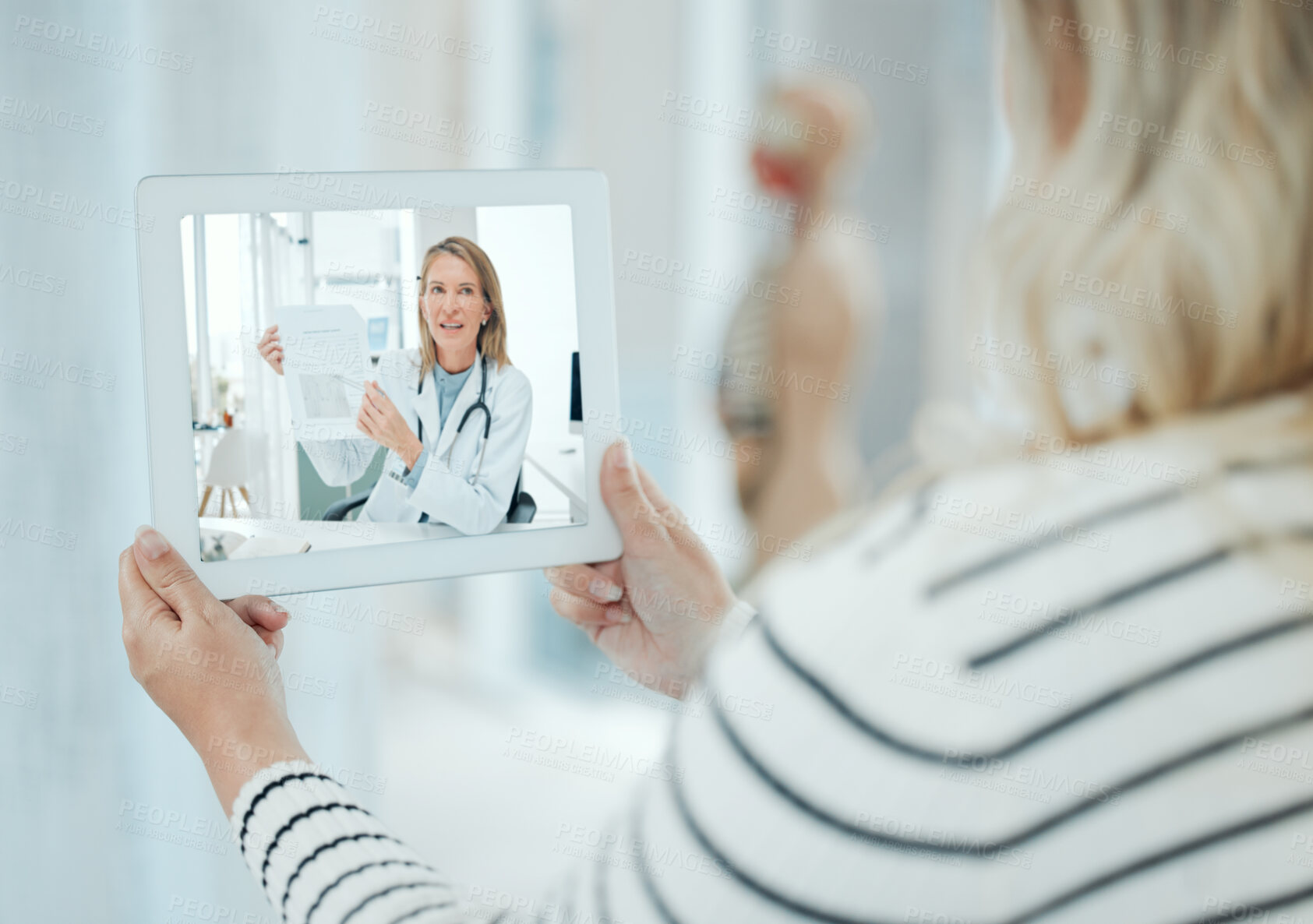 Buy stock photo Healthcare, tablet and doctor with woman on video call for consulting, medical service and online diagnosis. Hospital, telehealth and patient on digital tech screen for results, insurance or wellness