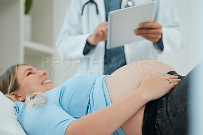 Buy stock photo Hospital, tablet and doctor with pregnant woman for consulting, wellness and prenatal appointment. Healthcare, gynecologist and person with patient for medical service, insurance and online scan