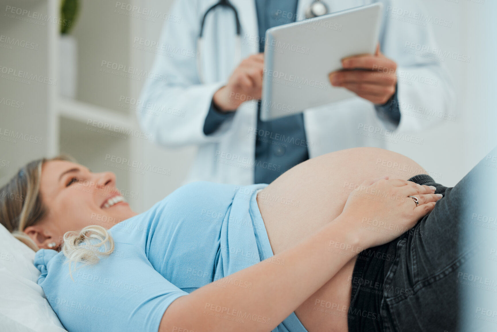 Buy stock photo Hospital, tablet and doctor with pregnant woman for consulting, wellness and prenatal appointment. Healthcare, gynecologist and person with patient for medical service, insurance and online scan