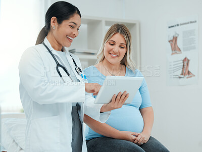Buy stock photo Healthcare, tablet and pregnant woman at a prenatal consultation for health in a medical clinic. Wellness, maternity and female pregnancy doctor speaking to a mother with a digital mobile in hospital