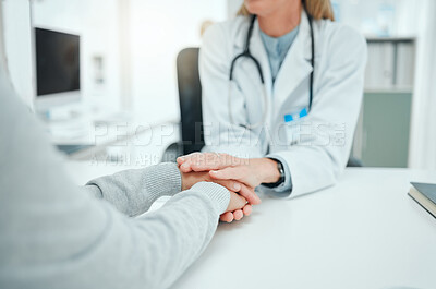 Buy stock photo Holding hands, consultation and doctor with patient in hospital for comfort, support or empathy. Healthcare, hope and medical worker with person in checkup for diagnosis in clinic with kindness.