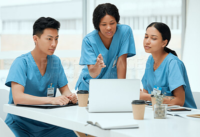 Buy stock photo Hospital, people and diversity with laptop as medical students, teamwork or internship in clinic. Group, discussion and confidence in meeting on tech for health, review and feedback in brainstorming