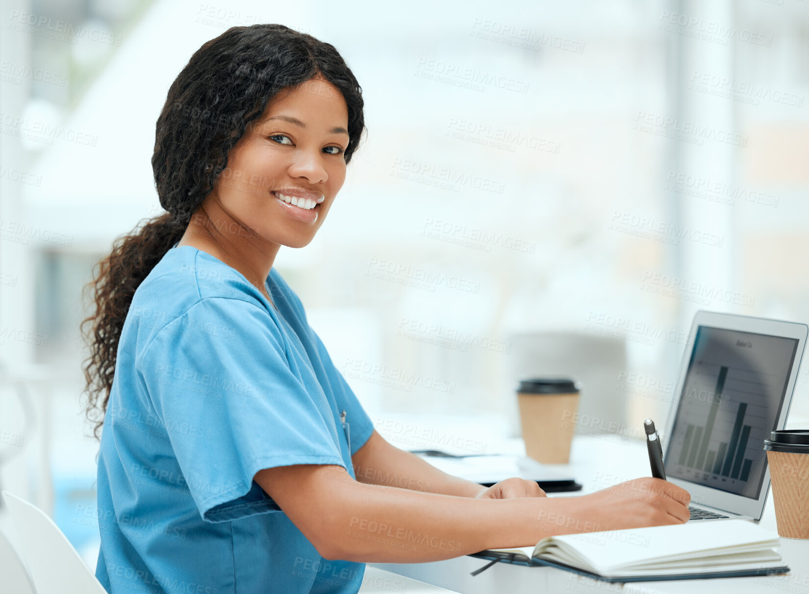 Buy stock photo Black woman, nurse and happy with graphs on laptop with writing notes for healthcare records. Female person, portrait and smile at clinic with pride or satisfied with statistics, data and report