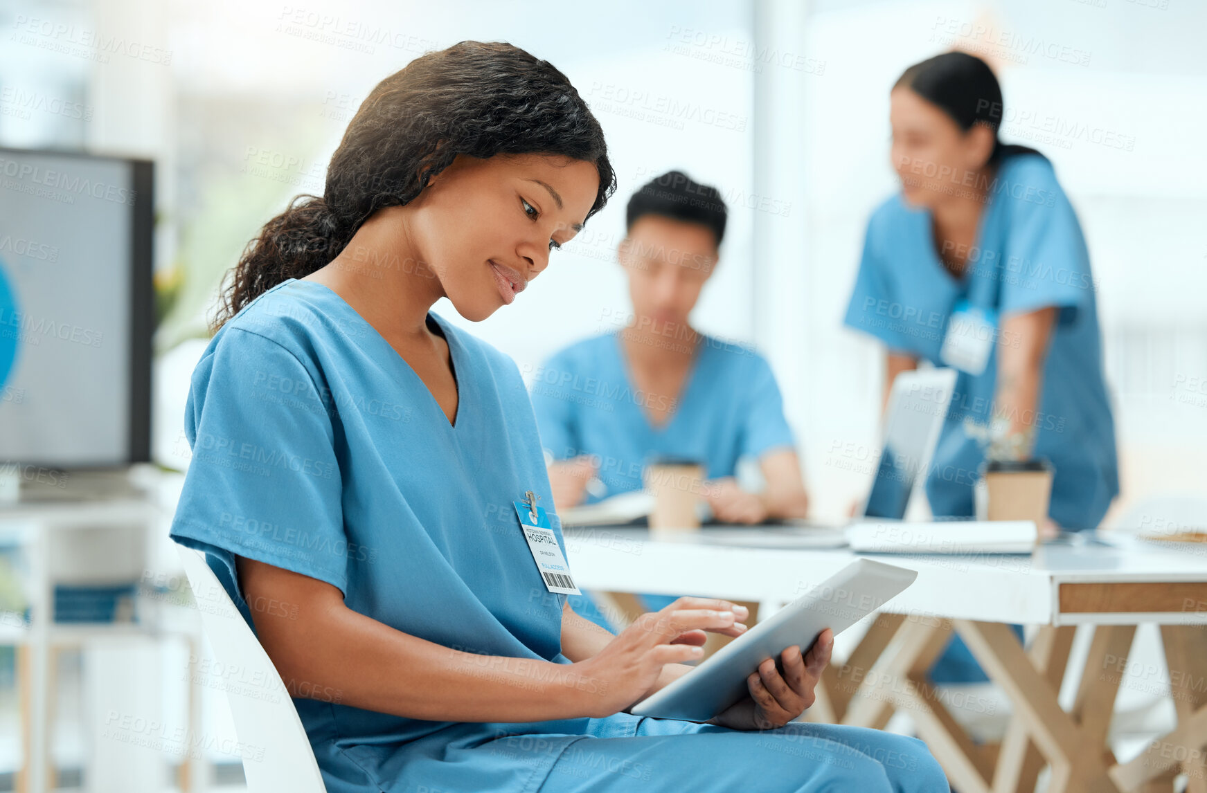 Buy stock photo Woman, medical student and happy with tablet on teamwork and collaboration for research. People, internship program and smile or satisfied with results for group work or assignment at clinic