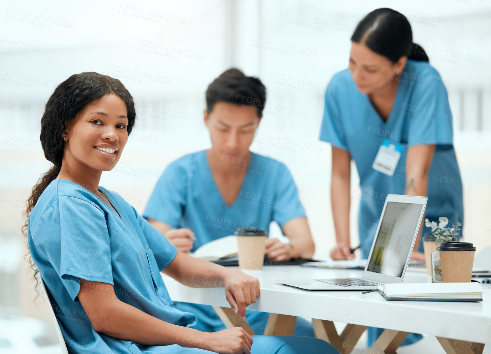 Buy stock photo Woman, medical student and happy with laptop on teamwork and collaboration for healthcare research. People, internship program and smile on portrait with statistics for group assignment at clinic