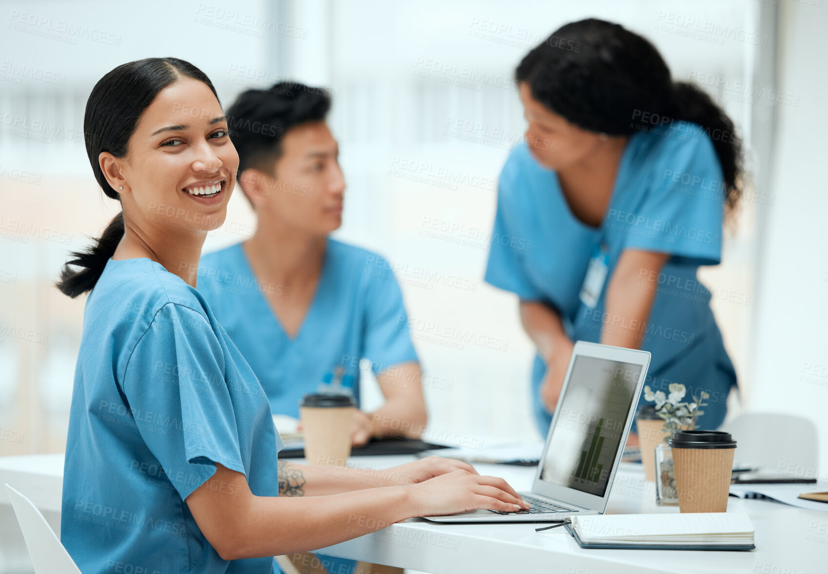 Buy stock photo Woman, nurse and graphs on laptop with teamwork, collaboration and coworking for healthcare. People, employees and happy on portrait on meeting with statistics, report and data on planning at clinic