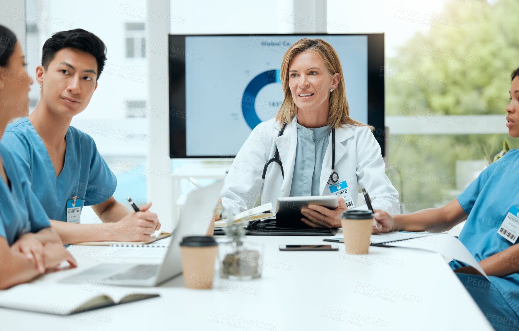 Buy stock photo People, discussion and medical team on technology with doctor for healthcare, review and feedback. Group, talking and diversity in meeting as students, staff and internship in clinic or hospital