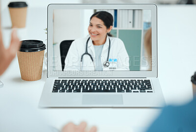 Buy stock photo Shot of a group of doctors on a virtual meeting at a hospital