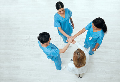 Buy stock photo Above, teamwork or hands of nurses in collaboration in meeting for healthcare, targets or goals. About us, team building or top view of medical doctors with group support, motivation or mission