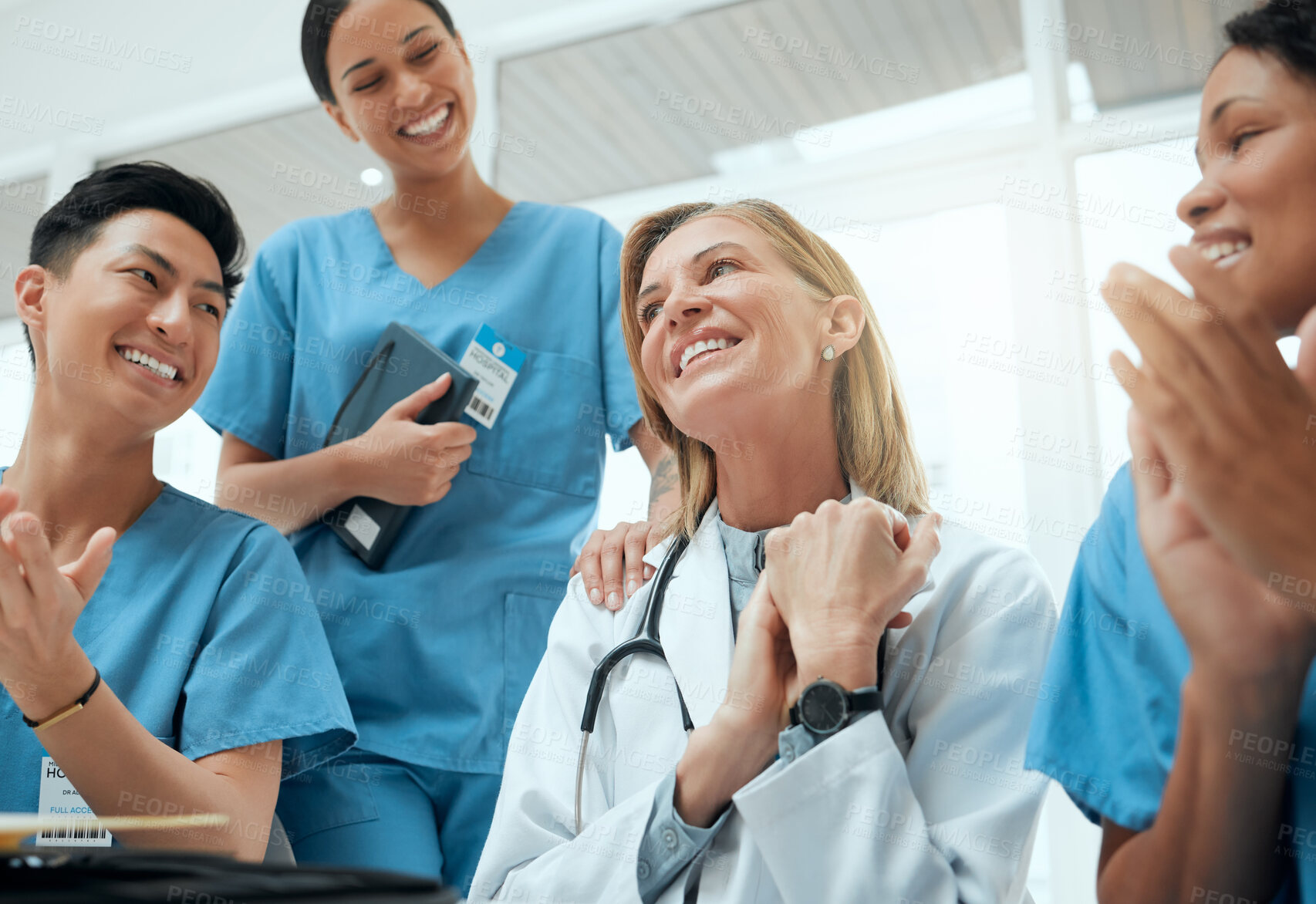 Buy stock photo Applause, meeting and thank you with medicine team in hospital boardroom for motivation, success or support. Healthcare, medical and smile with people clapping in clinic for development or learning