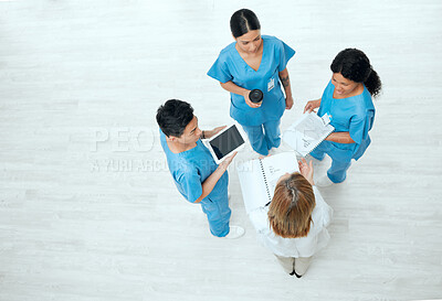 Buy stock photo Teamwork, tablet or above of nurses in meeting planning a surgery strategy in collaboration together. Top view of healthcare doctors talking or speaking of online news reports, feedback or research 