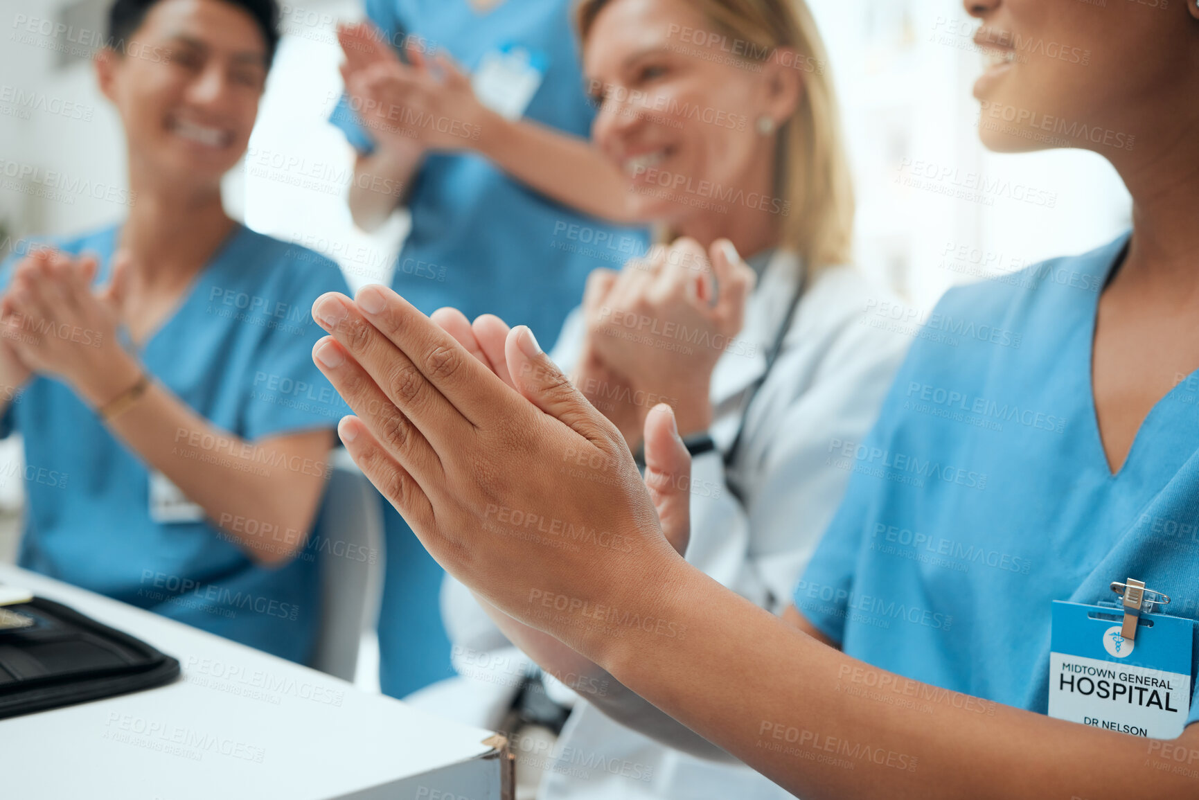 Buy stock photo People, doctor and excited with medical students with applause for congratulation and success. Healthcare, mentor and clapping hands or happy in hospital on internship with teamwork or collaboration