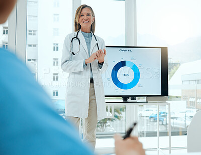 Buy stock photo Shot of a mature female doctor doing a presentation in a meeting at a hospital