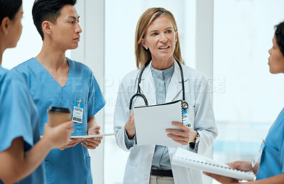Buy stock photo Teamwork, discussion or doctors with a report in meeting planning a surgery strategy in collaboration. Leadership, woman or surgeons talking or speaking of healthcare paperwork, documents or research