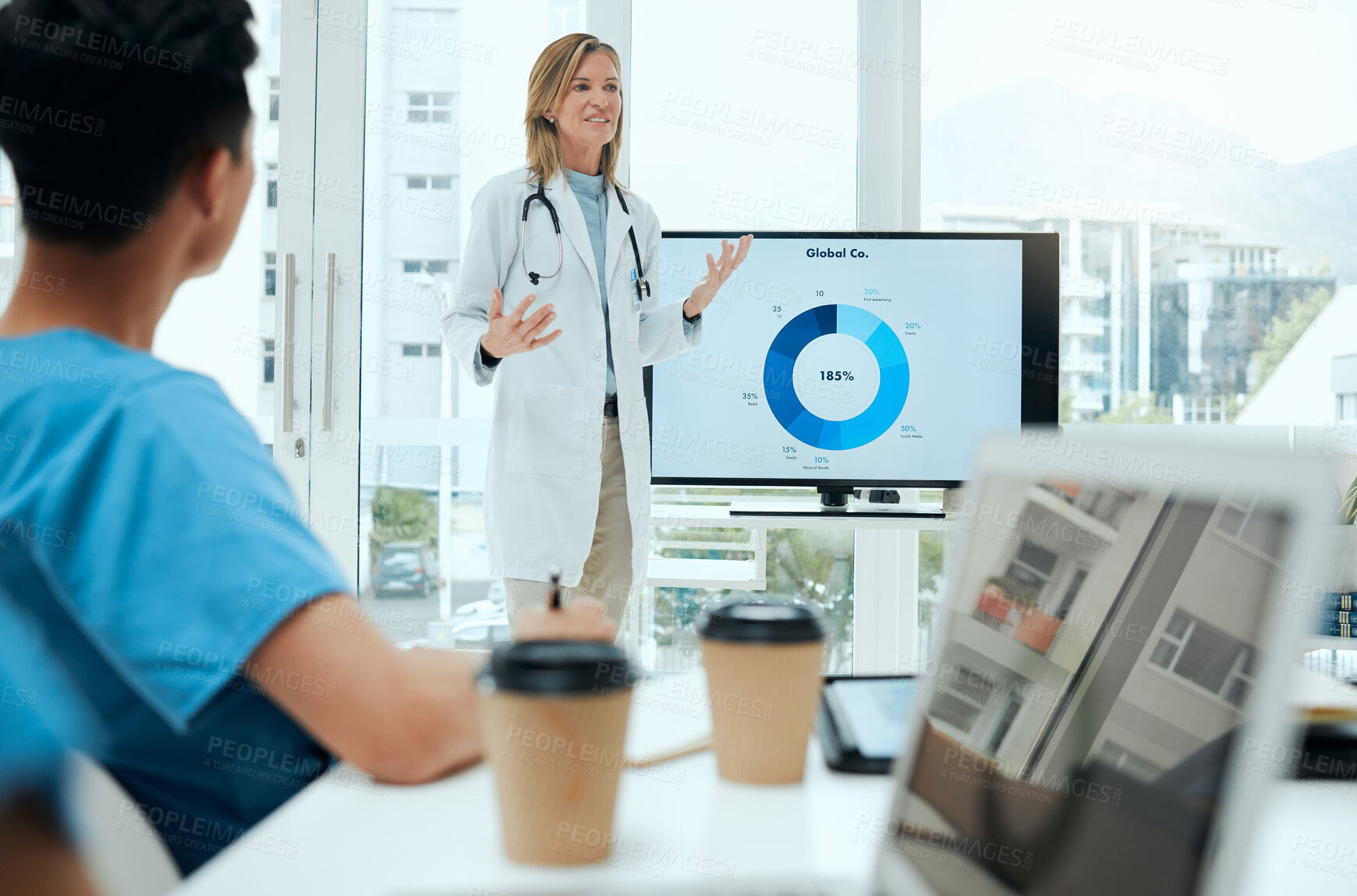 Buy stock photo Mature woman, doctor and tv screen for presentation in boardroom with feedback and results on medical research. Female person, office and pitch with solution for international healthcare issues