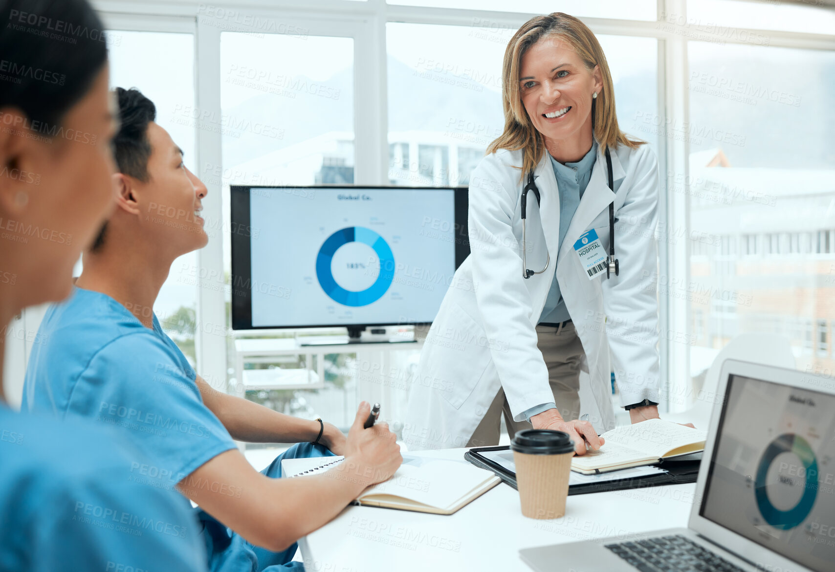 Buy stock photo Computer screen, development or training and doctor in hospital boardroom with nurse students. Coaching, seminar and workshop with people in clinic for healthcare, consulting or medical internship