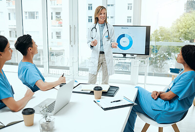 Buy stock photo Shot of a mature female doctor doing a presentation in a meeting at a hospital