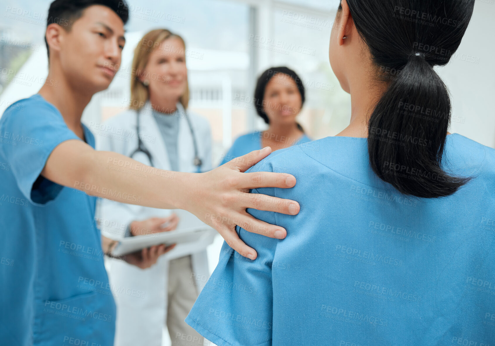 Buy stock photo Teamwork, support or doctors with empathy in meeting comforting a depressed person in therapy group. Depression, nurses or surgeons helping or speaking of healthcare advice or listening to sad woman
