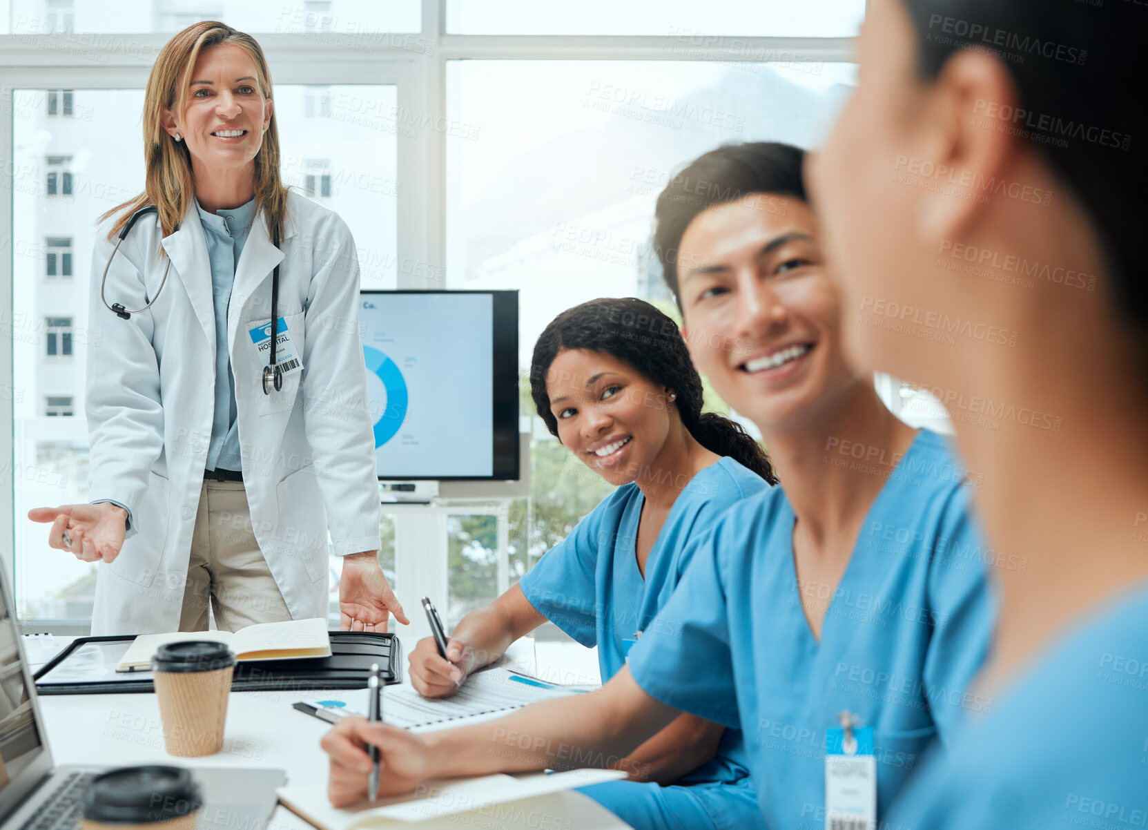 Buy stock photo Computer screen, development or workshop and doctor in hospital boardroom with nurse students. Coaching, development and seminar with people in clinic for healthcare, consulting or medical internship