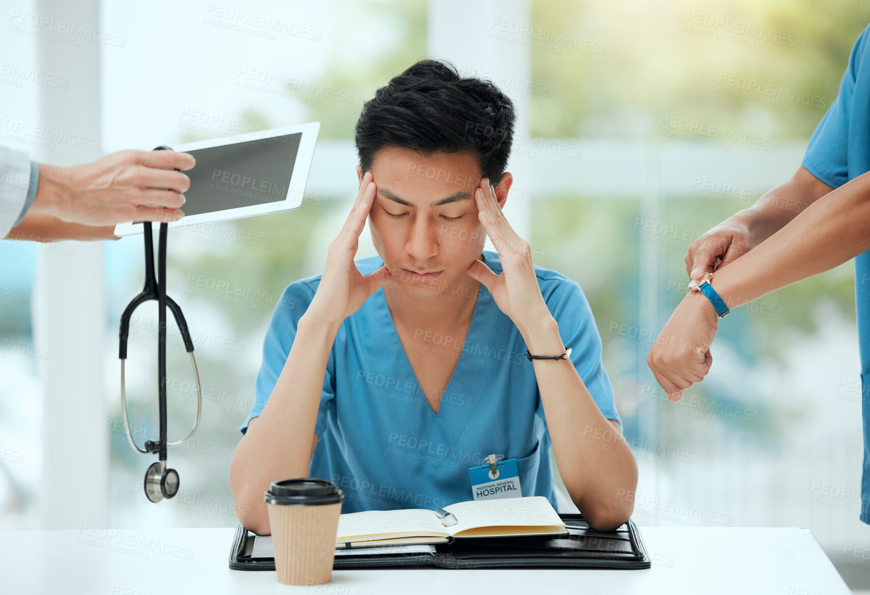 Buy stock photo Doctor, hands and stress in office with healthcare deadline, time management and multitasking pressure. Medical, team and overwhelmed nurse with headache, poor planning and surgery reminder in clinic