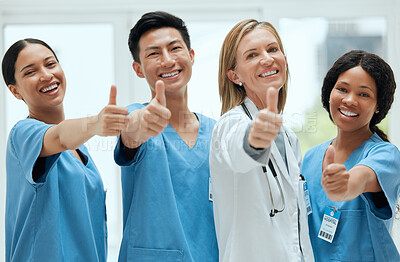Buy stock photo Teamwork, happy or portrait of doctors with thumbs up for healthcare, medical consulting or success. Thumb up, nurses or surgeons smiling with good hand gesture for diversity in hospital together