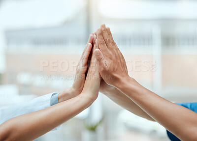 Buy stock photo High five, hands or doctors with medical success in celebration of surgery results in hospital with bonus. Team work, winners or healthcare nurses celebrate targets, mission or winning goals together