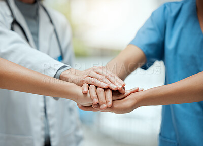 Buy stock photo Stack, teamwork or hands of doctors with collaboration for healthcare goals in meeting or community. Closeup, team building or medical nurses with group support, motivation or mission in hospital