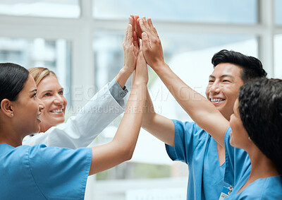 Buy stock photo High five, happy or doctors with medical success in celebration of surgery results in hospital with bonus. Team work, winners or nurses smiling to celebrate targets, mission or winning goals together
