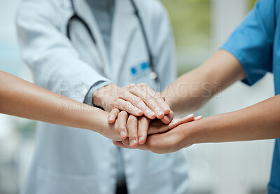 Buy stock photo Stack, team building or hands of doctors with collaboration for healthcare goals in meeting or community. Closeup, teamwork or medical nurses with group support, motivation or mission in hospital