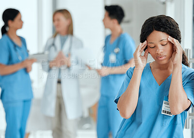 Buy stock photo Headache, anxiety or sad nurse in meeting with doctors with burnout, stress or fatigue with medical emergency. Migraine, tired black woman or depressed surgeon with depression or loss in hospital 