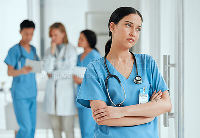 Buy stock photo Woman thinking, stress or sad nurse with burnout, anxiety or  problem worried by medical emergency. Worry, tired woman or depressed healthcare doctor with grief, fear or depression in hospital clinic