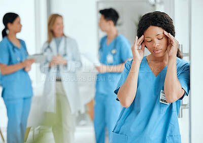 Buy stock photo Headache, anxiety or sad surgeon in meeting with doctors with burnout, stress or fatigue with medical emergency. Migraine, tired black woman or depressed nurse with depression or loss in hospital 