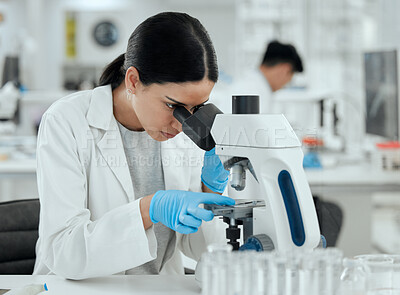 Buy stock photo Woman, microscope and research in lab for chemistry, observation and science results. Scientist, tech and study at table for medicine engineering, pharmaceutical development and healthcare innovation