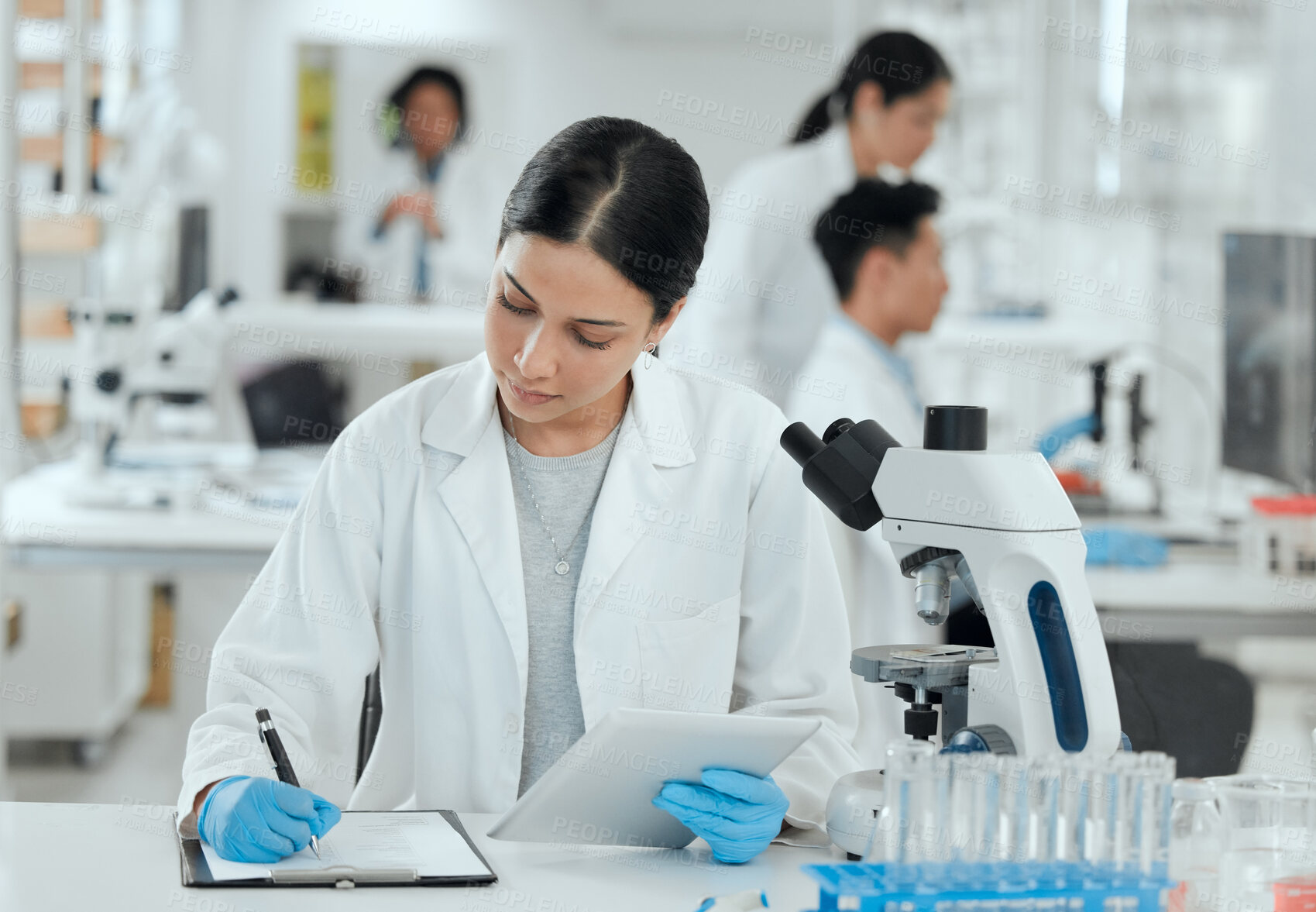 Buy stock photo Writing, checklist or woman in laboratory for science breakthrough, clinical trial or discovery. Notes, medical exam or scientist with checklist for vaccine research, mpox cure or disease development