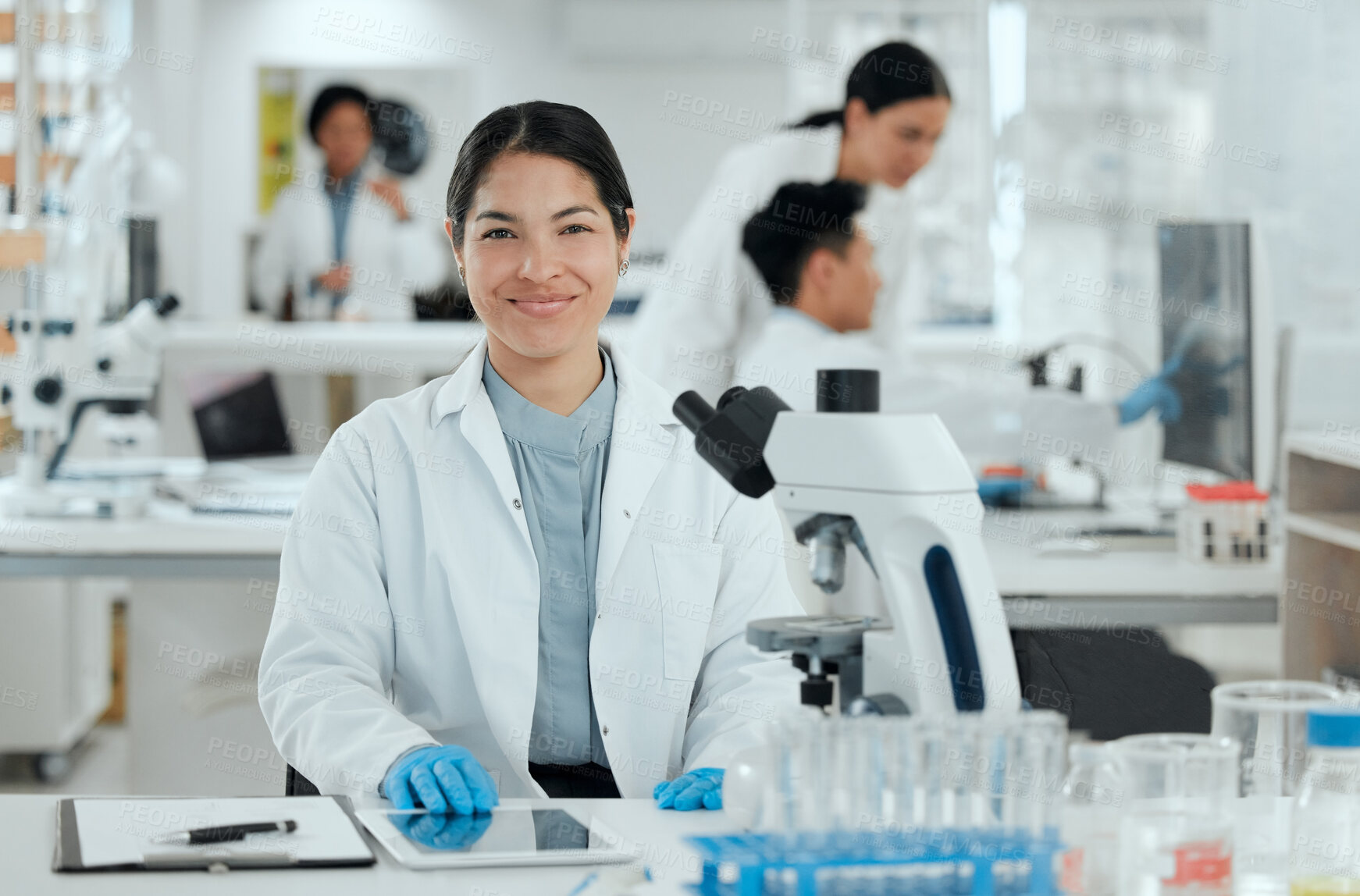 Buy stock photo Portrait, tablet or woman in laboratory for science breakthrough, clinical trial or discovery. Results, medical exam or scientist with checklist for vaccine research, mpox cure or disease development