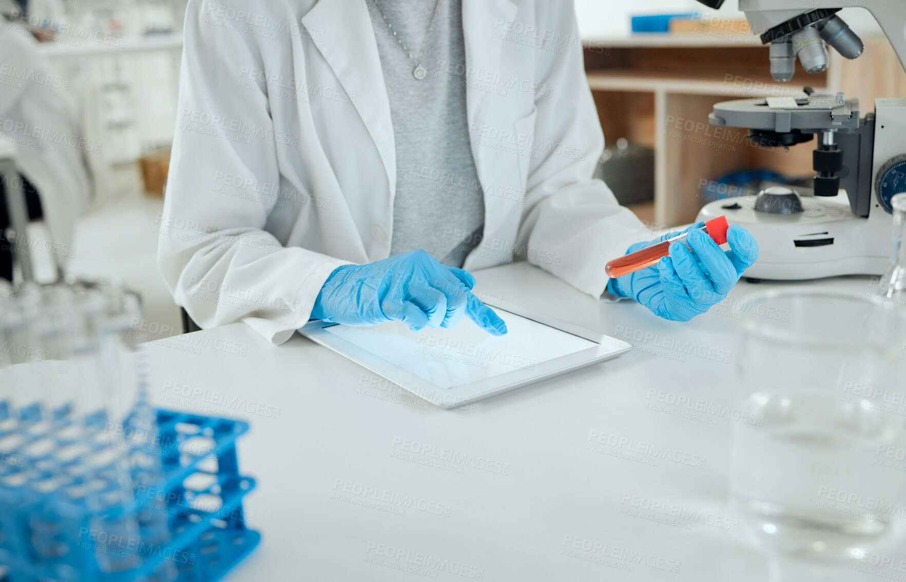 Buy stock photo Scientist, hands and test tube with tablet in lab for dna analysis, medical research and pharmaceutical trial. Pharma company, person and blood vial for vaccine development and experiment with gloves