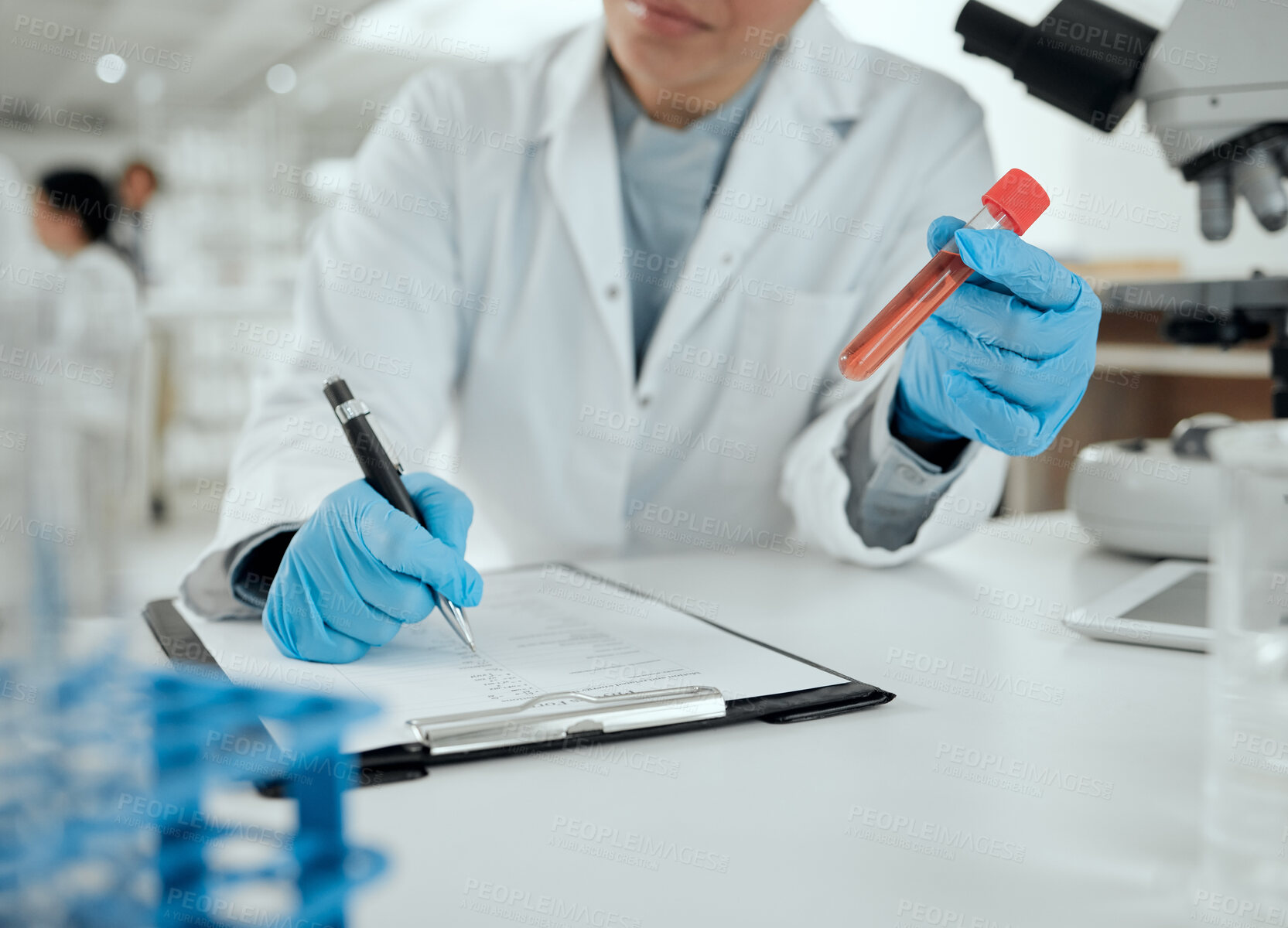 Buy stock photo Laboratory, woman and test tube with clipboard for notes, medicine information and writing for treatment. Checklist, female expert or scientist with sample for research study, diagnosis and analysis