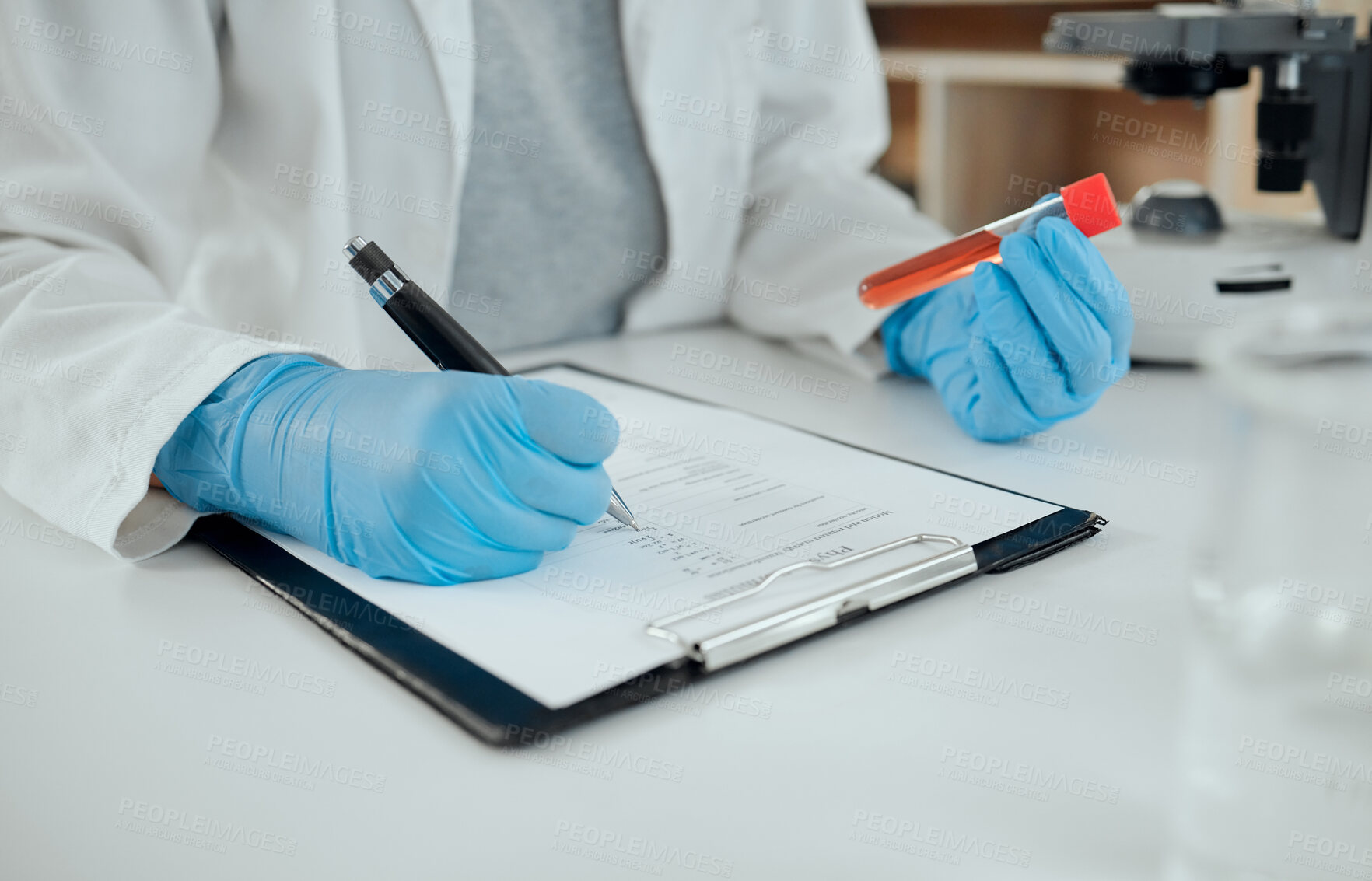 Buy stock photo Laboratory, person and test tube with checklist for writing, medicine information and notes for treatment. Clipboard, medical expert or scientist with sample for research study, diagnosis or analysis