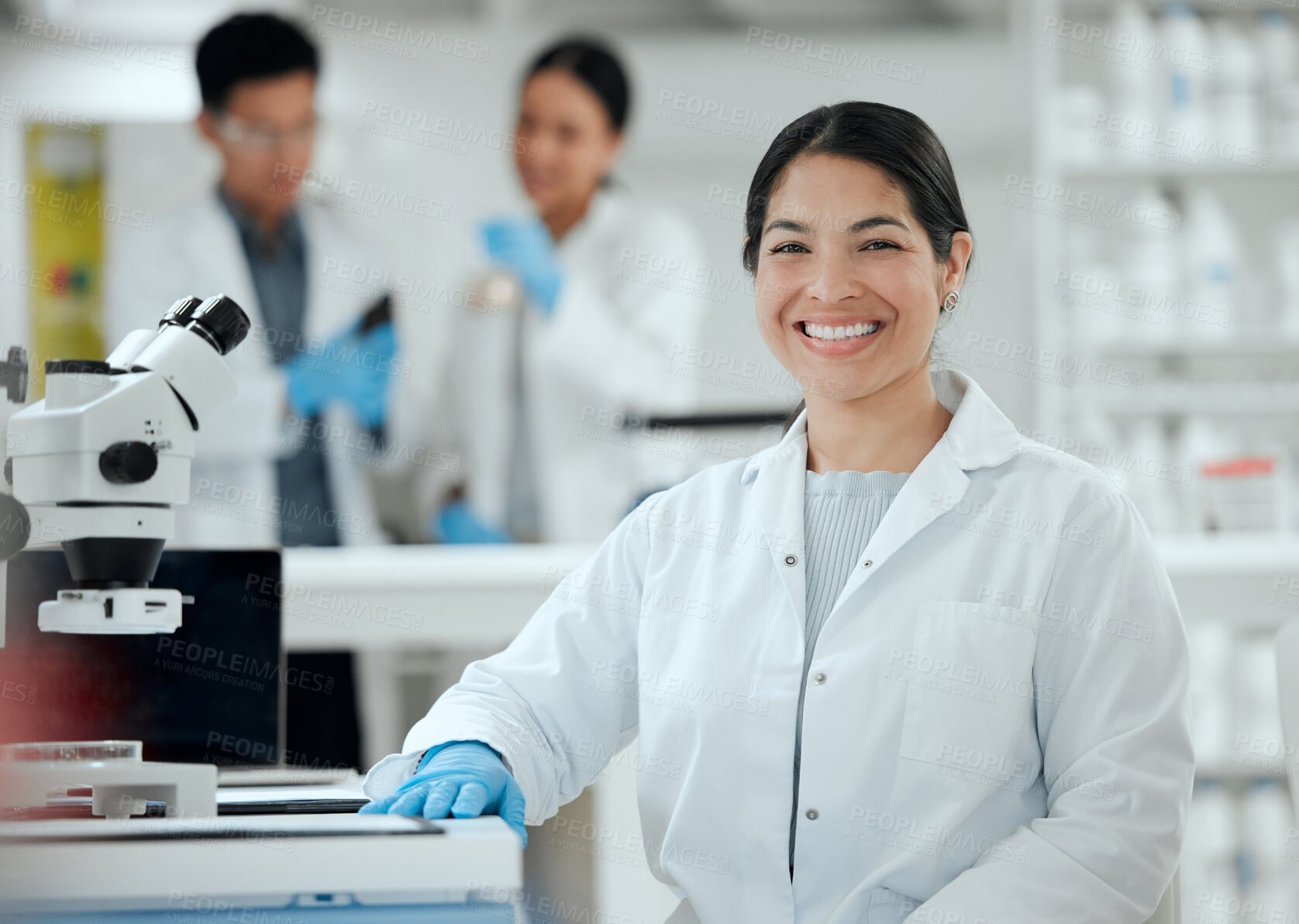 Buy stock photo Portrait, proud or happy woman in laboratory for science breakthrough, clinical trial or discovery. Confident, medical results or scientist with smile for vaccine research, mpox cure or development