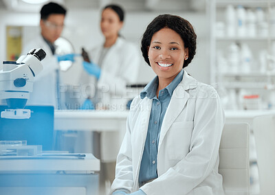 Buy stock photo Portrait, happy or woman in laboratory for science breakthrough, clinical trial or discovery. Confidence, medical results or scientist with microscope for vaccine research, mpox cure or development