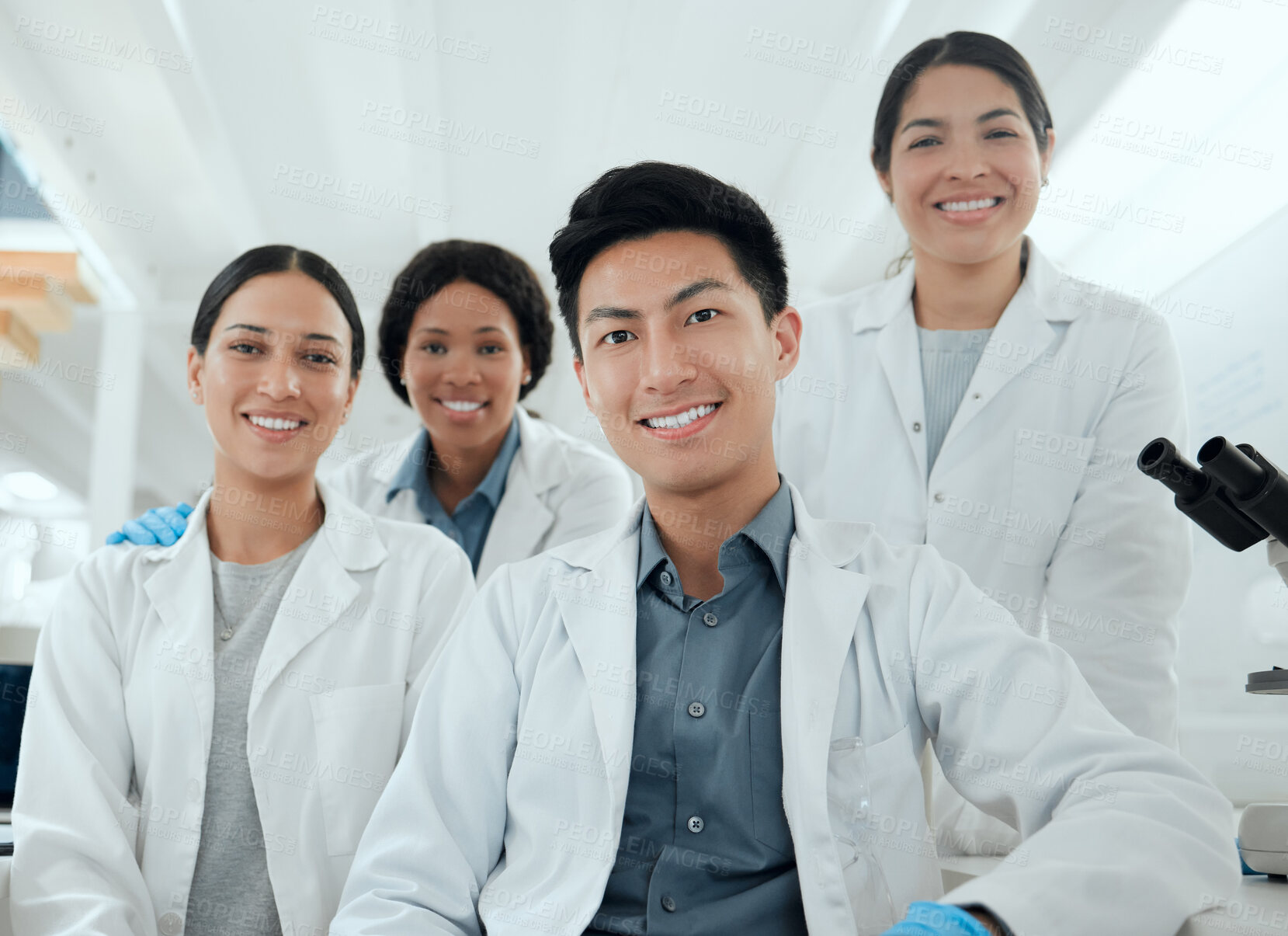 Buy stock photo Laboratory, teamwork and doctors in portrait with happiness for science, medical career and microbiology study. Collaboration, scientist and biologist staff with smile for experiment, research or job