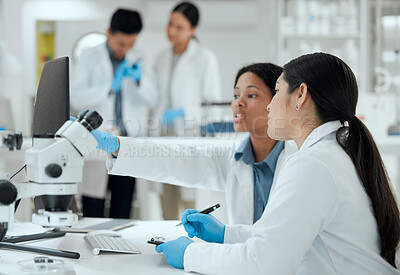 Buy stock photo Science, women and team with microscope in lab for medical experiment, development and coaching. Pharmaceutical, scientist and intern with biotech for Mpox vaccine, solution and learning epidemiology