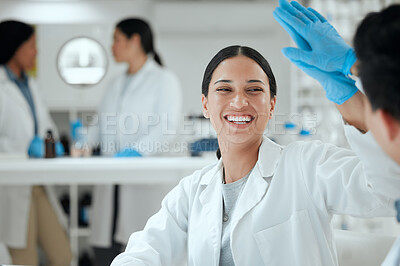 Buy stock photo High five, cure and happy woman in laboratory for science breakthrough, clinical trial or discovery. Success, medical target or scientist with innovation for vaccine research, goals or development